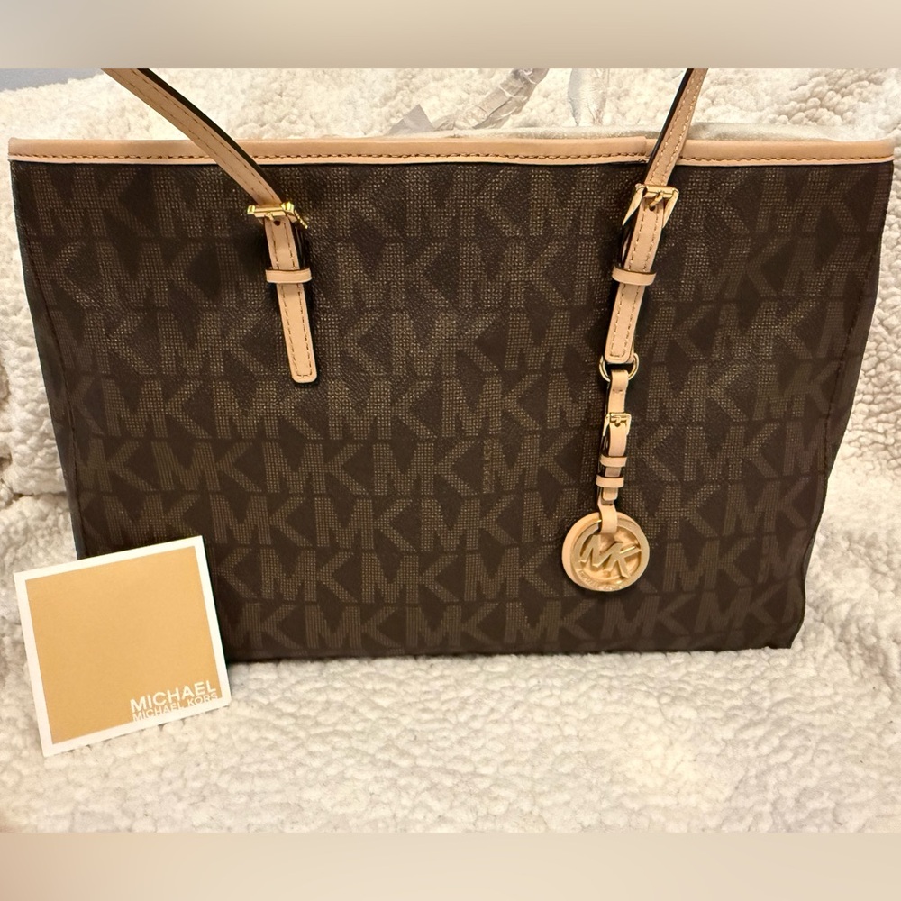 Michael Kors Brown Signature MK Tote with Tan Trim